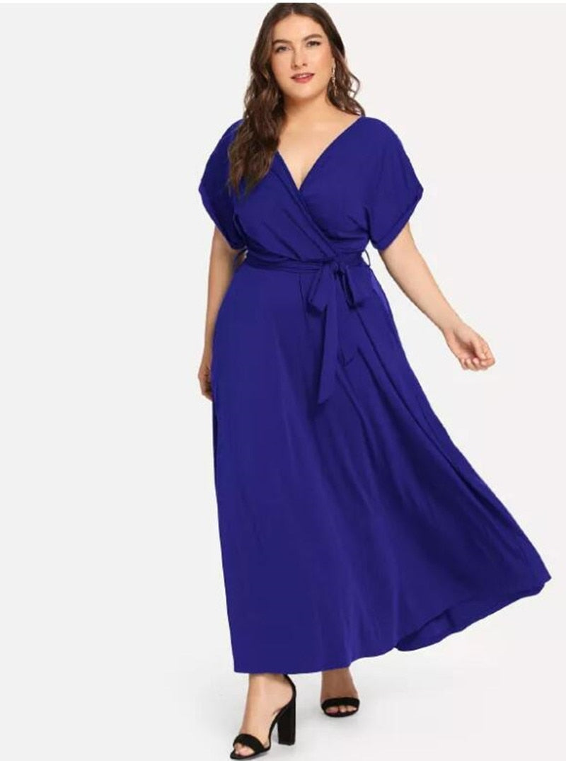 C2C Women's Solid Short Sleeve V-neck Strap Elegant Evening Maxi Dress