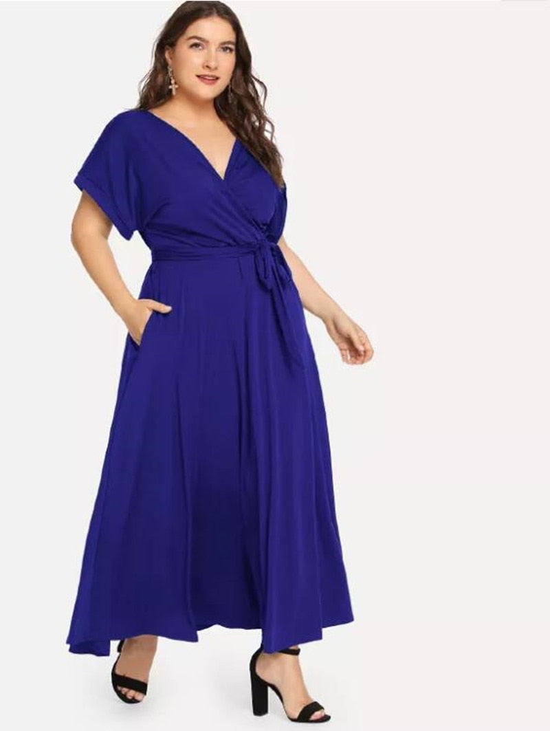 C2C Women's Solid Short Sleeve V-neck Strap Elegant Evening Maxi Dress