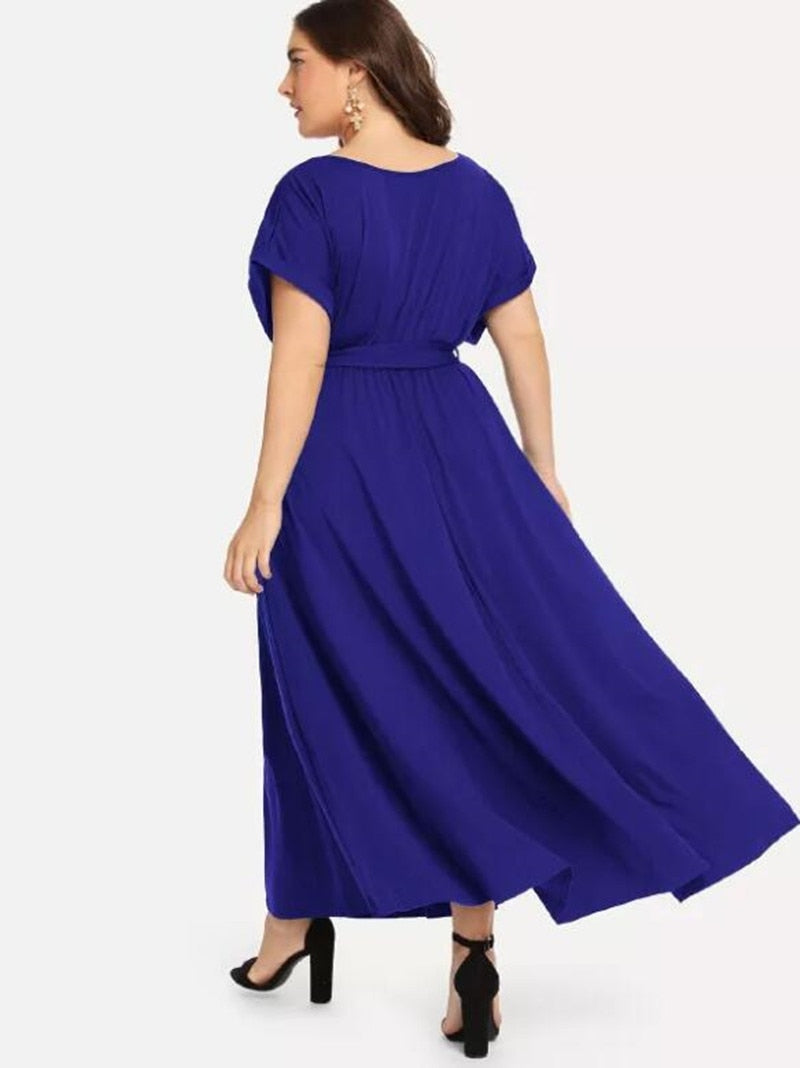 C2C Women's Solid Short Sleeve V-neck Strap Elegant Evening Maxi Dress
