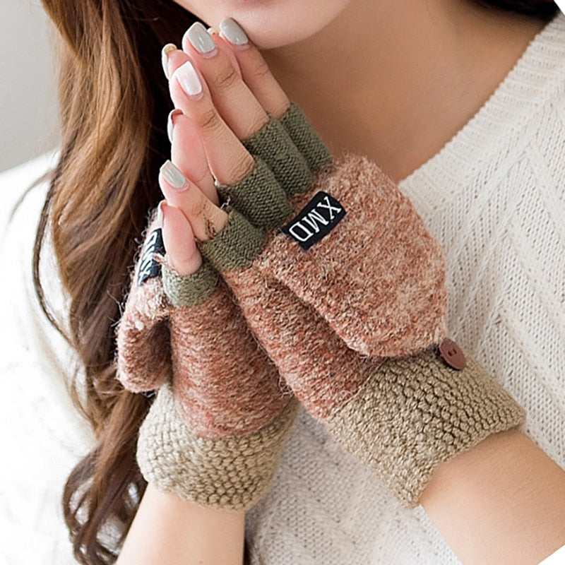 C2C Warm Thickening Woman Gloves Knitted Flip Fingerless Exposed
