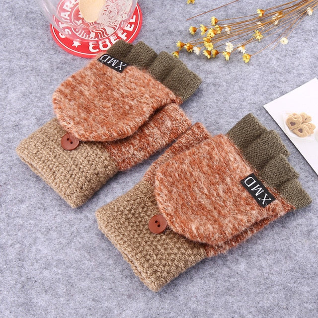 C2C Warm Thickening Woman Gloves Knitted Flip Fingerless Exposed