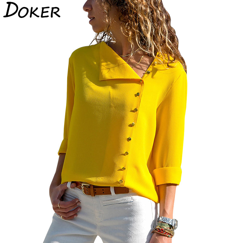 Women Tops And Blouses 2022 Fashion Long Sleeve Skew Collar Chiffon Blouse Casual Tops Plus Size Elegent Work Wear Shirt