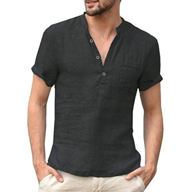 Short-Sleeved Casual Men T-shirt Cotton and Linen Led