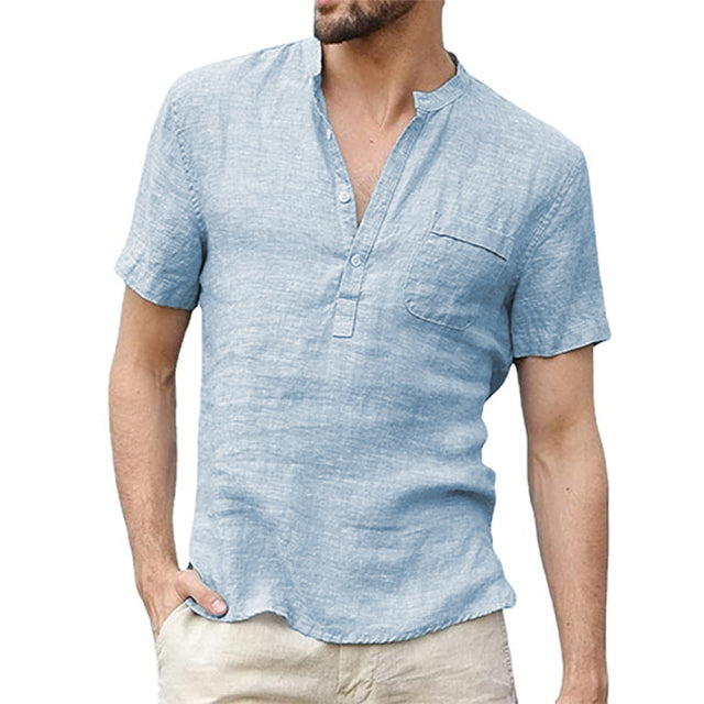 Short-Sleeved Casual Men T-shirt Cotton and Linen Led