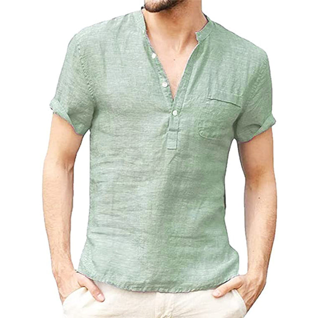 Short-Sleeved Casual Men T-shirt Cotton and Linen Led