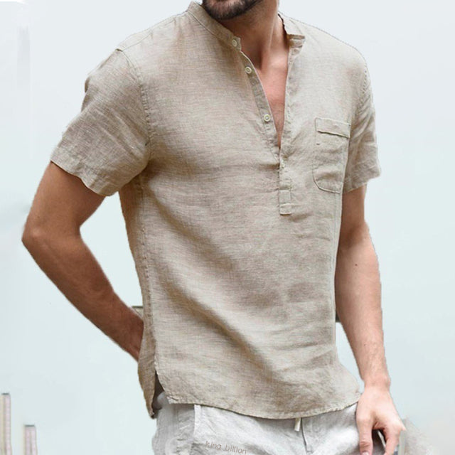 Short-Sleeved Casual Men T-shirt Cotton and Linen Led