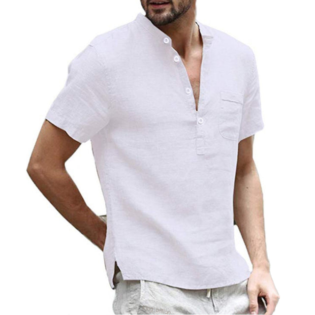 Short-Sleeved Casual Men T-shirt Cotton and Linen Led
