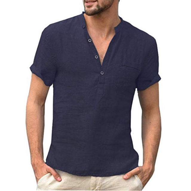 Short-Sleeved Casual Men T-shirt Cotton and Linen Led