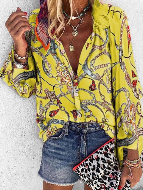2022 New Design Plus Size Women Blouse V-neck Long Sleeve Chains Print Loose Casual Shirts Womens Tops And Blouses