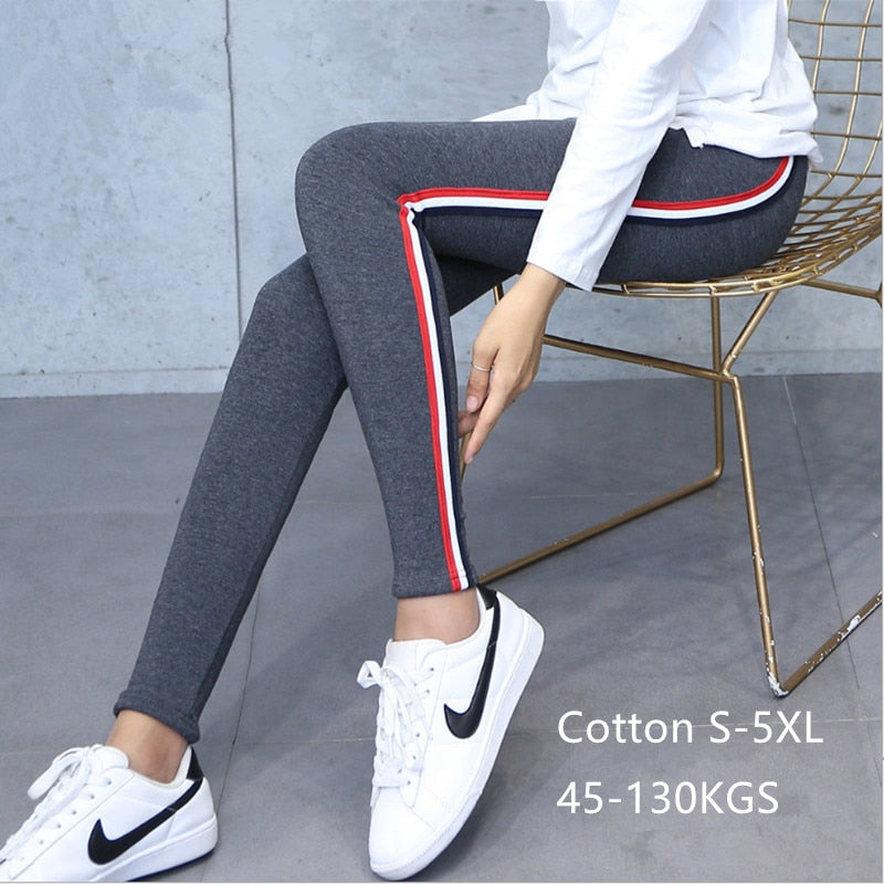 High Waist Cotton Slide Stripes Fitness Ladies Leggings