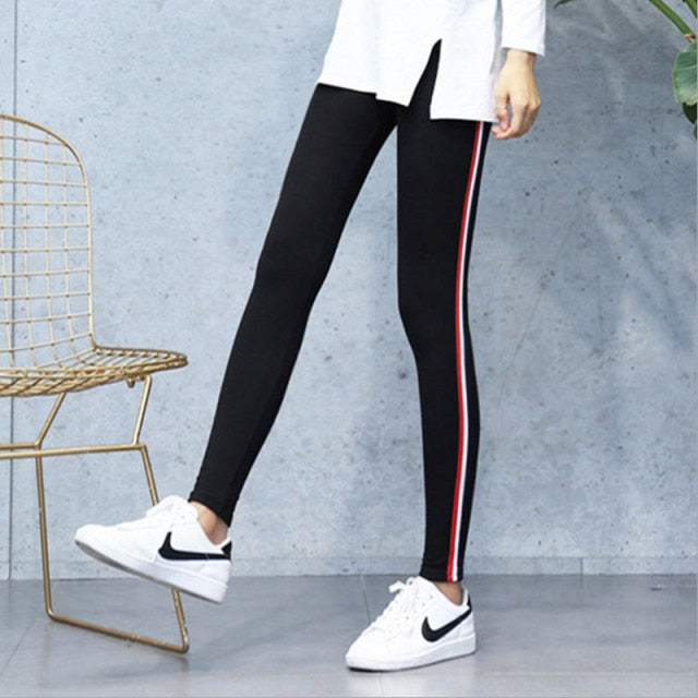 High Waist Cotton Slide Stripes Fitness Ladies Leggings