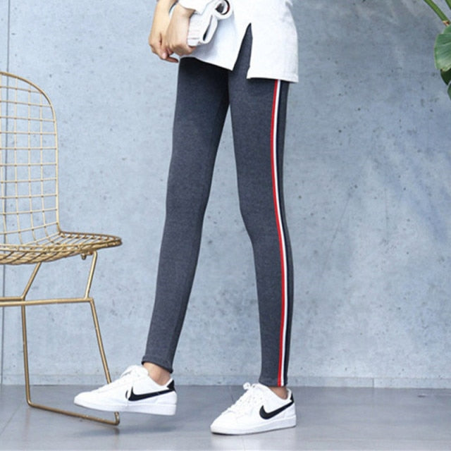 High Waist Cotton Slide Stripes Fitness Ladies Leggings