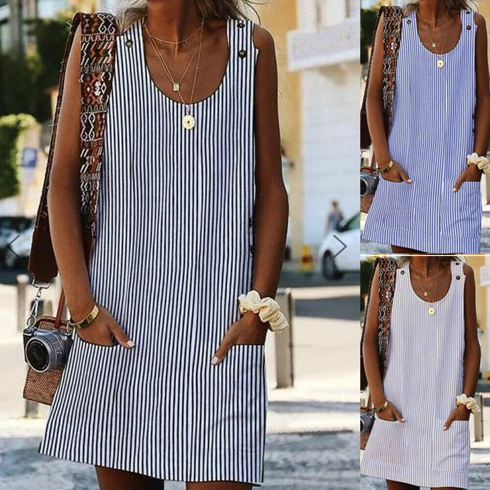 C2C Stripe Sleeveless & Loose Women Casual Short Mini Dress